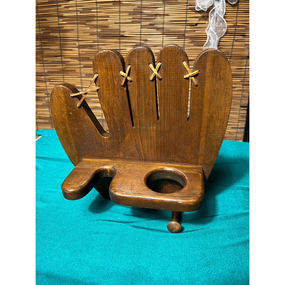 Vintage Wood Baseball Glove Wall Shelf Organizer Brown Sports Decor Solid Wood